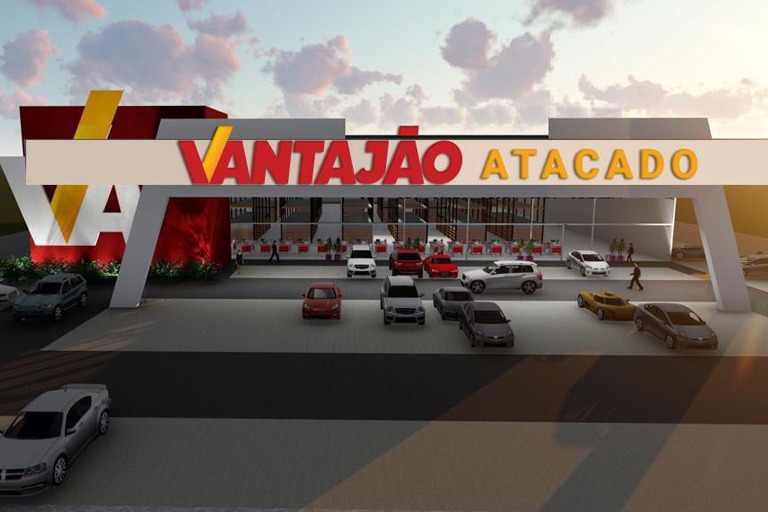 Na imagem está uma arte mostrando como foi projetada aloja do Vantajão Atacado de Caxias do Sul. Pode-se ver a fachada da loja, com o letreiro. Diversos carros estacionados.