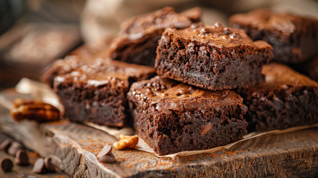 A imagem mostra brownies em uma mesa.