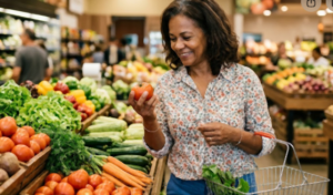 Mulher observa um tomate na seção de hortifrúti de um supermercado, ao lado de verduras e legumes frescos.