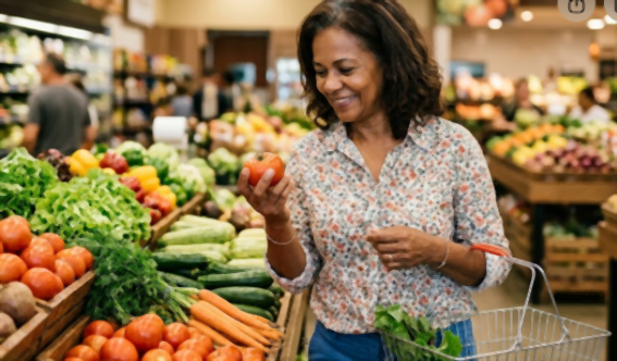 Mulher observa um tomate na seção de hortifrúti de um supermercado, ao lado de verduras e legumes frescos.