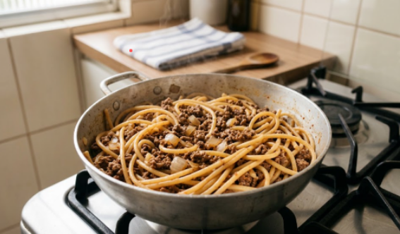 Panela com macarrão de sêmola tipo furadinho e carne moída sobre o fogão de uma cozinha brasileira simples e organizada.